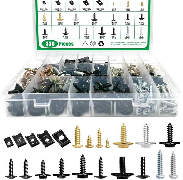 Main image of 330Pcs Car U-Clip U Nut and Screw Bolts Assortment Kit, Auto Body Bumper Hood Retainer Clips with Phillips Round Head Self Tapping Screws for Fender Liner Splash Shield Bumper Cover