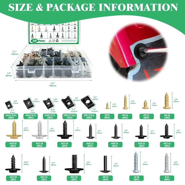 Alt view image 2 of 7 - 330Pcs Car U-Clip U Nut and Screw Bolts Assortment Kit, Auto Body Bumper Hood Retainer Clips with Phillips Round Head Self Tapping Screws for Fender Liner Splash Shield Bumper Cover