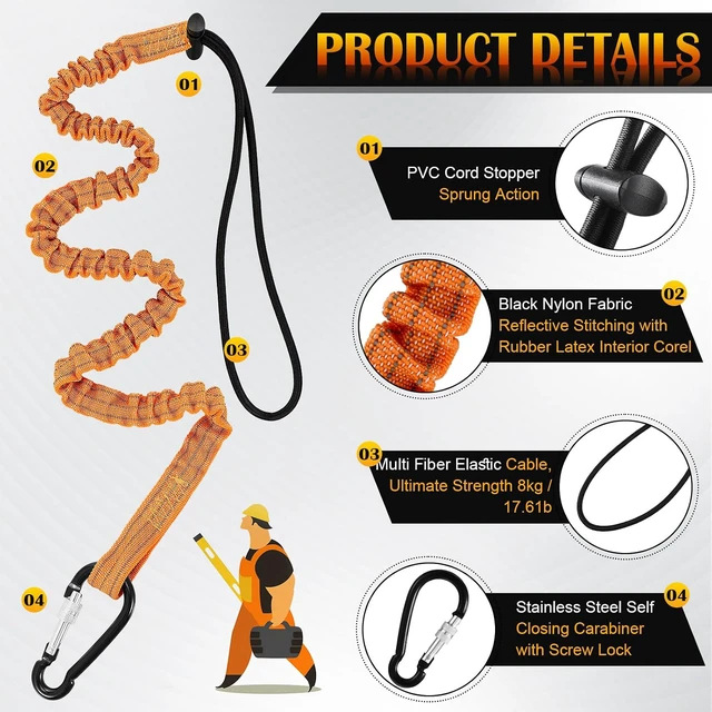 Alt view image 3 of 6 - 12 Pack Tool Lanyard with Single Metal Buckle and Adjustable Loop End, Standard Length, Maximum Weight Limit 8KG/ 17.6lb, with Aluminum Screw Lock, Retractable Shock Cord Stopper (Orange)
