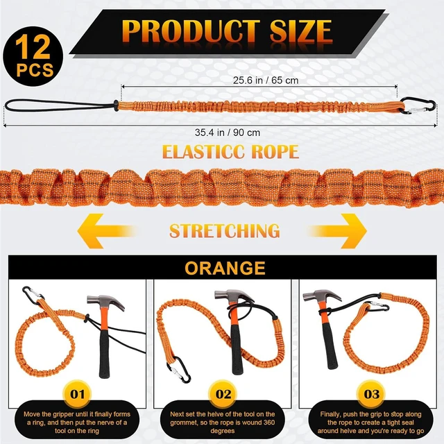 Alt view image 2 of 6 - 12 Pack Tool Lanyard with Single Metal Buckle and Adjustable Loop End, Standard Length, Maximum Weight Limit 8KG/ 17.6lb, with Aluminum Screw Lock, Retractable Shock Cord Stopper (Orange)