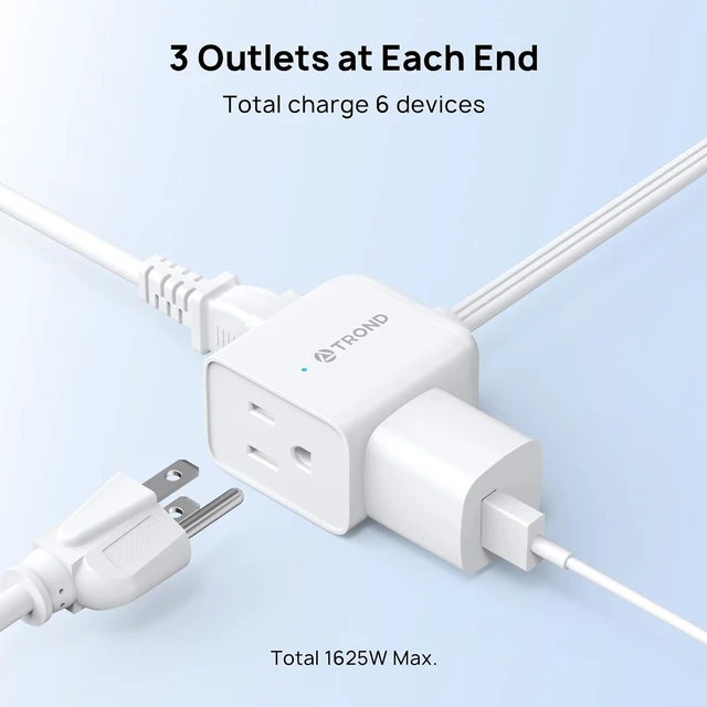 Alt view image 4 of 7 - Split Extension Cord with Flat Wall Plug, Twin 6ft Each Side, White