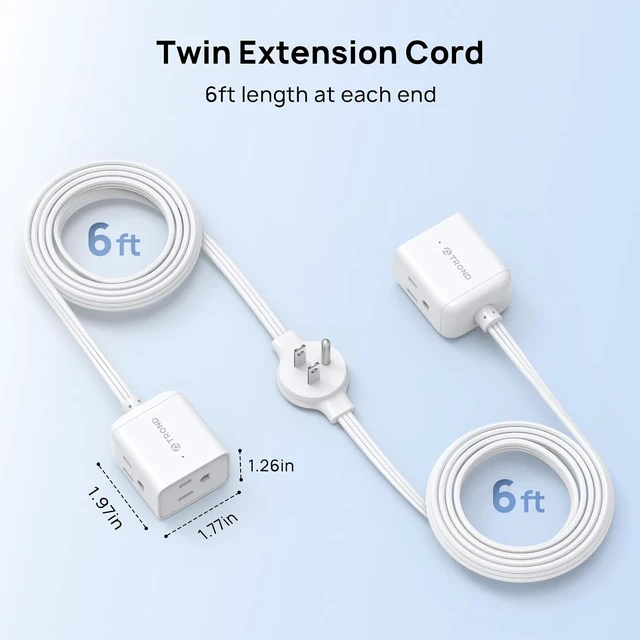 Alt view image 6 of 7 - Split Extension Cord with Flat Wall Plug, Twin 6ft Each Side, White