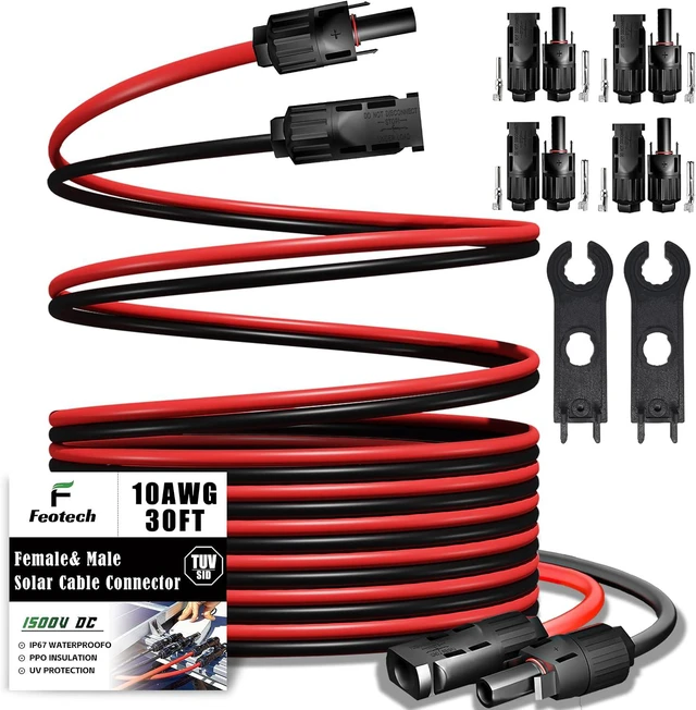 Main image of Twin Wire 30FT Solar Extension Cable - 10AWG (6mm²) Solar Panel Connector, with IP67-Male/Female Solar connectors for Outdoor Automotive RV Boat Marine Solar Panel- Black & Red