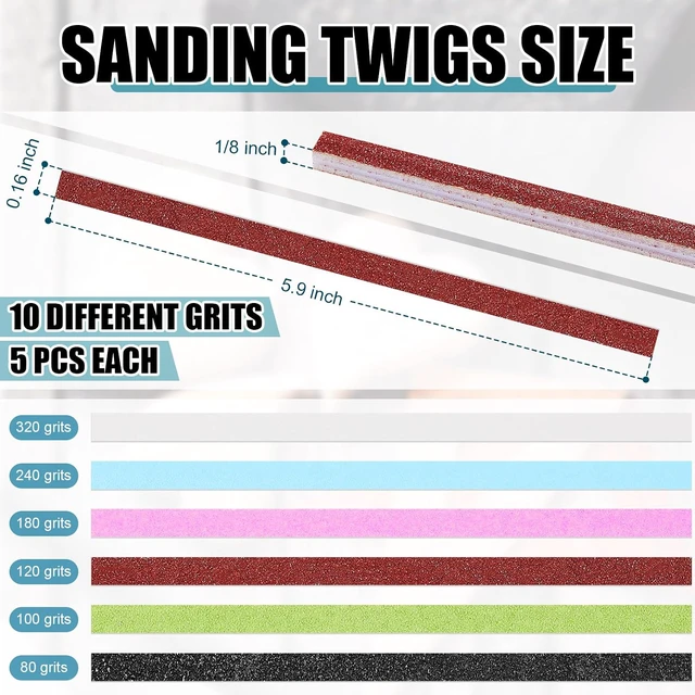 Alt view image 3 of 7 - 131 Pcs Sanding Sticks Set 360 Degree Rotating Holder 40 Polishing Sticks 30 Sanding Twigs 60 Double Side Slanted Twigs for Plastic Models Jewelry Woodworking Hobby Arts Crafts