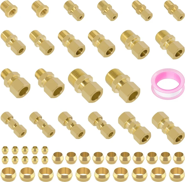 Main image of 53 Pcs Brass Compression Fittings Assortment Kit, 1/8" 3/16" 1/4" 3/8" 1/2" OD Tube & NPT Thread Compression Union Fittings Connectors & Compression Sleeves Ferrules