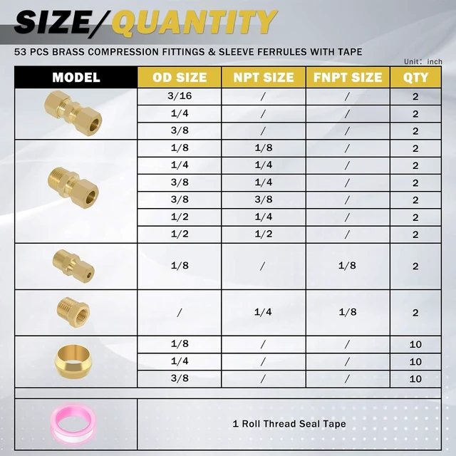 Alt view image 2 of 7 - 53 Pcs Brass Compression Fittings Assortment Kit, 1/8" 3/16" 1/4" 3/8" 1/2" OD Tube & NPT Thread Compression Union Fittings Connectors & Compression Sleeves Ferrules