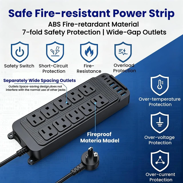 Alt view image 3 of 7 - 16 in 1 Surge Protector Power Strip, with 10 AC 6 USB, 1250W, Power Switch