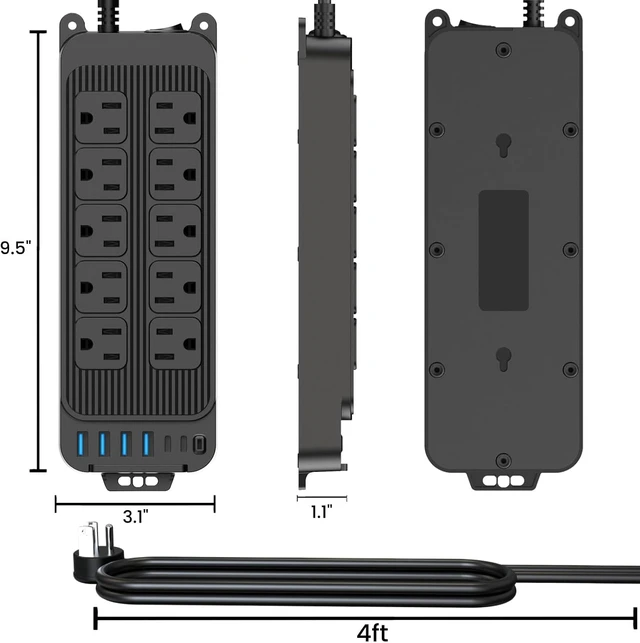 Alt view image 7 of 7 - 16 in 1 Surge Protector Power Strip, with 10 AC 6 USB, 1250W, Power Switch