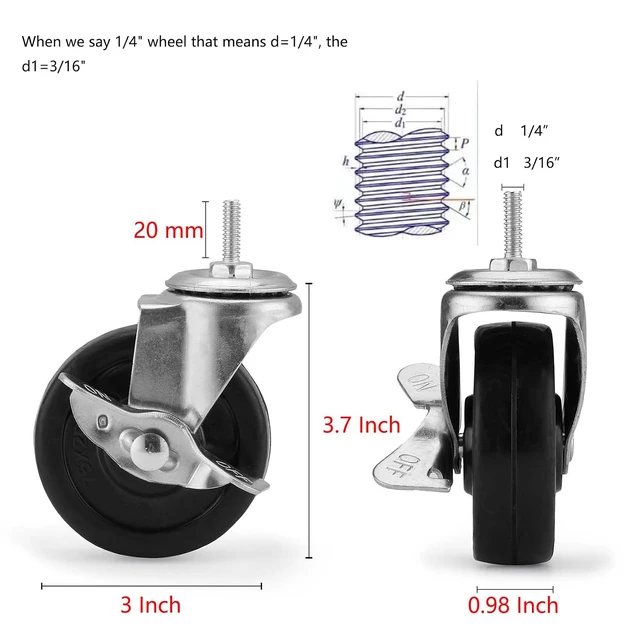Alt view image 3 of 7 - 3-Inch Wire Shelf Wheels,Wheels,Casters for Wire Shelving Thread Casters with 1/4 5/16 3/8 m8 m10 Threaded Stem Included in One Set of Wheels,Universal for All Kind of Shelving Unit