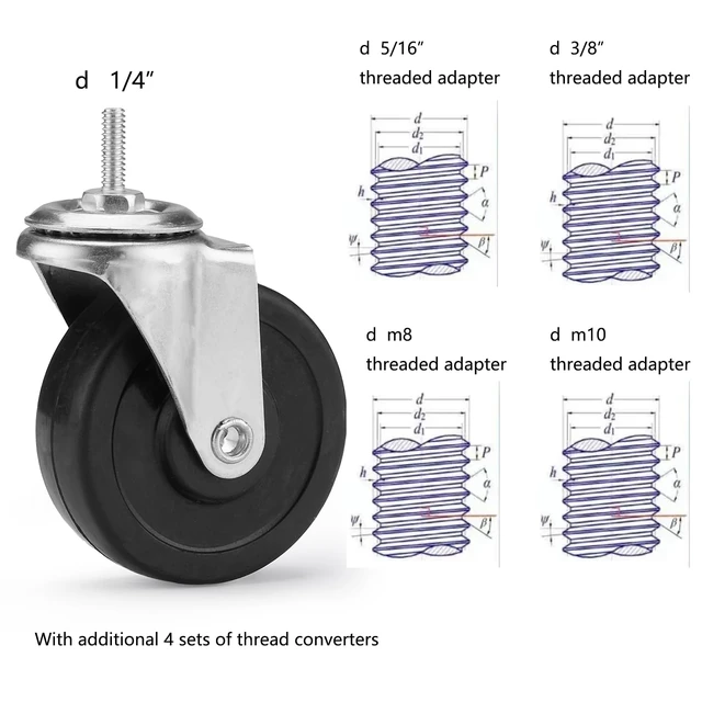 Alt view image 4 of 7 - 3-Inch Wire Shelf Wheels,Wheels,Casters for Wire Shelving Thread Casters with 1/4 5/16 3/8 m8 m10 Threaded Stem Included in One Set of Wheels,Universal for All Kind of Shelving Unit
