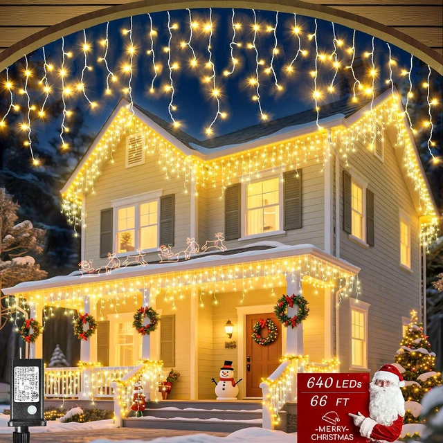 Main image of Christmas Lights Outdoor, 66ft 640 LED Icicle Lights for Outside Warm White