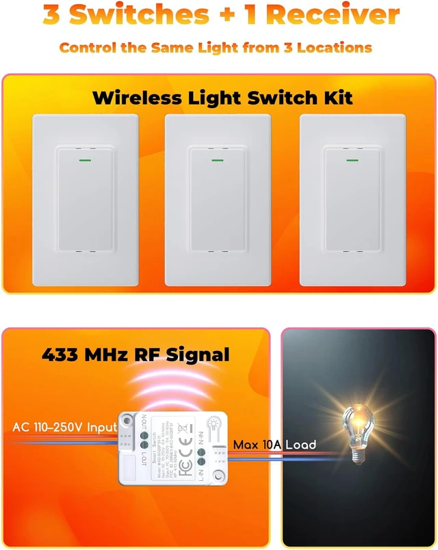 Alt view image 2 of 7 - Wireless Remote Light Switch Kit, 3 Switches + 1 Receiver, Battery-Free Wireless Wall Switch, No New in-Wall Wiring, No Wi-Fi, for Hallway, Garage, Basement