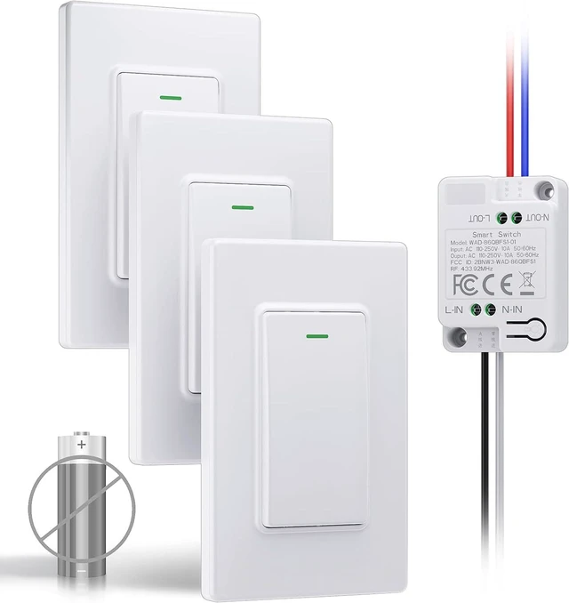 Main image of Wireless Remote Light Switch Kit, 3 Switches + 1 Receiver, Battery-Free Wireless Wall Switch, No New in-Wall Wiring, No Wi-Fi, for Hallway, Garage, Basement