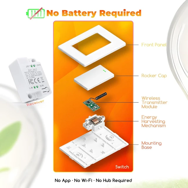 Alt view image 3 of 7 - Wireless Remote Light Switch Kit, 3 Switches + 1 Receiver, Battery-Free Wireless Wall Switch, No New in-Wall Wiring, No Wi-Fi, for Hallway, Garage, Basement