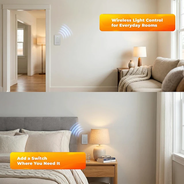 Alt view image 6 of 7 - Wireless Remote Light Switch Kit, 3 Switches + 1 Receiver, Battery-Free Wireless Wall Switch, No New in-Wall Wiring, No Wi-Fi, for Hallway, Garage, Basement