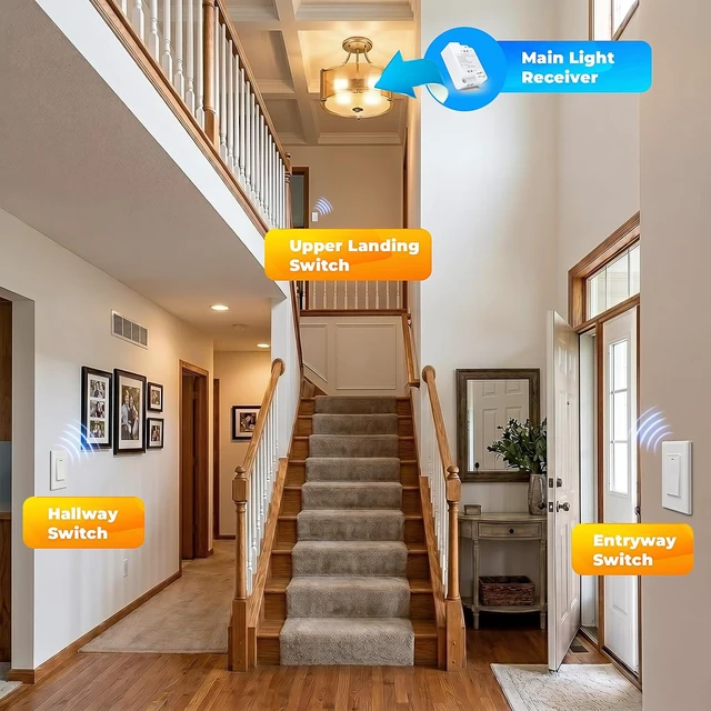 Alt view image 4 of 7 - Wireless Remote Light Switch Kit, 3 Switches + 1 Receiver, Battery-Free Wireless Wall Switch, No New in-Wall Wiring, No Wi-Fi, for Hallway, Garage, Basement