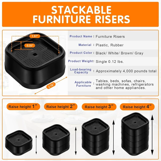Alt view image 2 of 7 - Furniture Risers Adjustable Bed Risers Heavy Duty Lifts Height 4", Square Stackable Bed Risers 1, 2, 3 or 4 Inch for Desk Leg Table Couch Sofa Chair Bed Frame Legs Dorm, 1+1+1+1 Inch, Black, 8 Pack