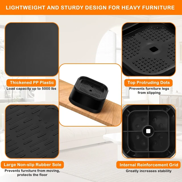 Alt view image 5 of 7 - Furniture Risers Adjustable Bed Risers Heavy Duty Lifts Height 4", Square Stackable Bed Risers 1, 2, 3 or 4 Inch for Desk Leg Table Couch Sofa Chair Bed Frame Legs Dorm, 1+1+1+1 Inch, Black, 8 Pack