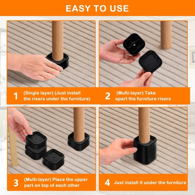 Alt view image 7 of 7 - Furniture Risers Adjustable Bed Risers Heavy Duty Lifts Height 4", Square Stackable Bed Risers 1, 2, 3 or 4 Inch for Desk Leg Table Couch Sofa Chair Bed Frame Legs Dorm, 1+1+1+1 Inch, Black, 8 Pack