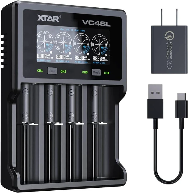 Main image of VC4SL 3A Fast Charger 4-Bay, 18W QC3.0 Adapter Included, LCD Battery Analyzer for Li-ion 21700 18650 & NiMH AA/AAA Rechargeable Batteries