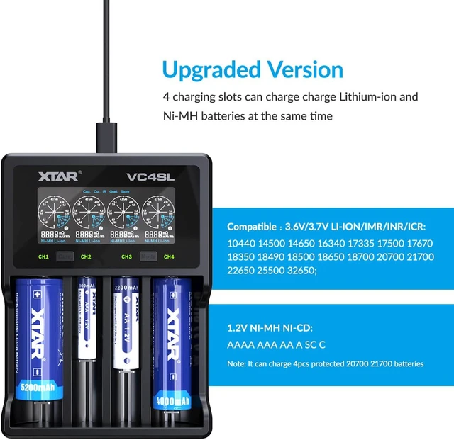 Alt view image 3 of 7 - VC4SL 3A Fast Charger 4-Bay, 18W QC3.0 Adapter Included, LCD Battery Analyzer for Li-ion 21700 18650 & NiMH AA/AAA Rechargeable Batteries