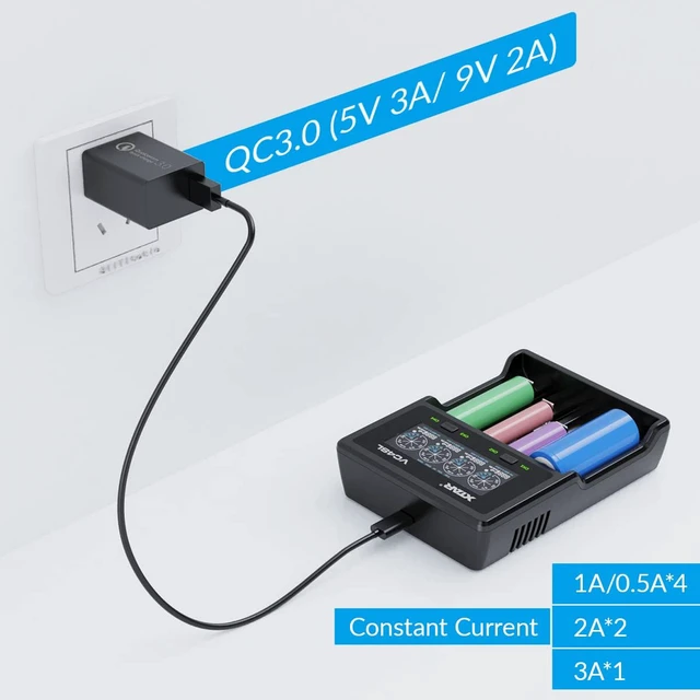 Alt view image 2 of 7 - VC4SL 3A Fast Charger 4-Bay, 18W QC3.0 Adapter Included, LCD Battery Analyzer for Li-ion 21700 18650 & NiMH AA/AAA Rechargeable Batteries