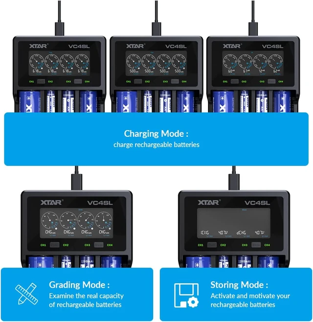Alt view image 5 of 7 - VC4SL 3A Fast Charger 4-Bay, 18W QC3.0 Adapter Included, LCD Battery Analyzer for Li-ion 21700 18650 & NiMH AA/AAA Rechargeable Batteries