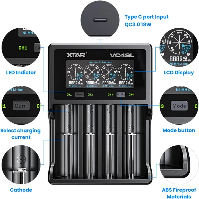 Alt view image 6 of 7 - VC4SL 3A Fast Charger 4-Bay, 18W QC3.0 Adapter Included, LCD Battery Analyzer for Li-ion 21700 18650 & NiMH AA/AAA Rechargeable Batteries
