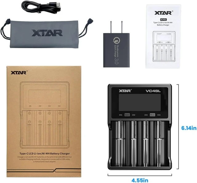 Alt view image 7 of 7 - VC4SL 3A Fast Charger 4-Bay, 18W QC3.0 Adapter Included, LCD Battery Analyzer for Li-ion 21700 18650 & NiMH AA/AAA Rechargeable Batteries