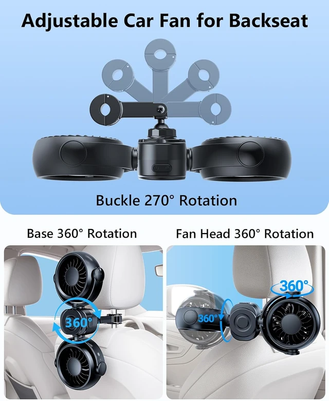 Alt view image 5 of 7 - Dual Head Car Cooling Fans for Back Seat for Kids, 4000mAh Battery Powered Rechargeable Usb 5V/ 12V /24V Car Headrest Fan for Baby Rear Facing, Car Seat Cooler That Blow Cold Air for Vehicles