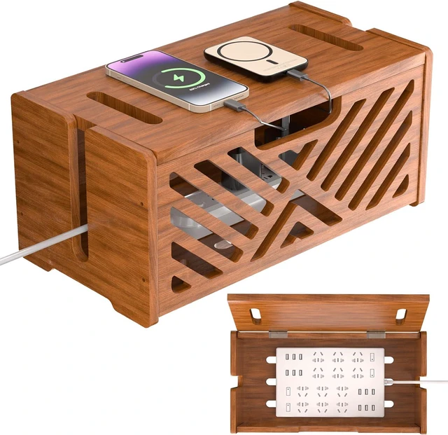 Main image of Extra Large Wooden Cable Management Box, 15.35 x 8.98 x 8.27 inches, Cord Hider Box with Cable Slots, Cable Organizer Box to Hide Power Strips, Surge Protector, Extension Cords for Desk & Floor