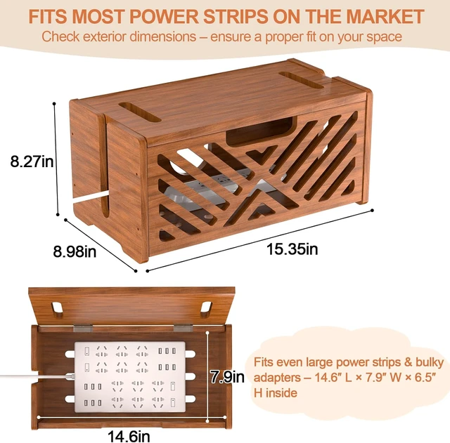 Alt view image 2 of 7 - Extra Large Wooden Cable Management Box, 15.35 x 8.98 x 8.27 inches, Cord Hider Box with Cable Slots, Cable Organizer Box to Hide Power Strips, Surge Protector, Extension Cords for Desk & Floor
