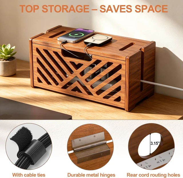 Alt view image 4 of 7 - Extra Large Wooden Cable Management Box, 15.35 x 8.98 x 8.27 inches, Cord Hider Box with Cable Slots, Cable Organizer Box to Hide Power Strips, Surge Protector, Extension Cords for Desk & Floor