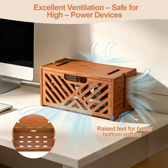 Alt view image 3 of 7 - Extra Large Wooden Cable Management Box, 15.35 x 8.98 x 8.27 inches, Cord Hider Box with Cable Slots, Cable Organizer Box to Hide Power Strips, Surge Protector, Extension Cords for Desk & Floor