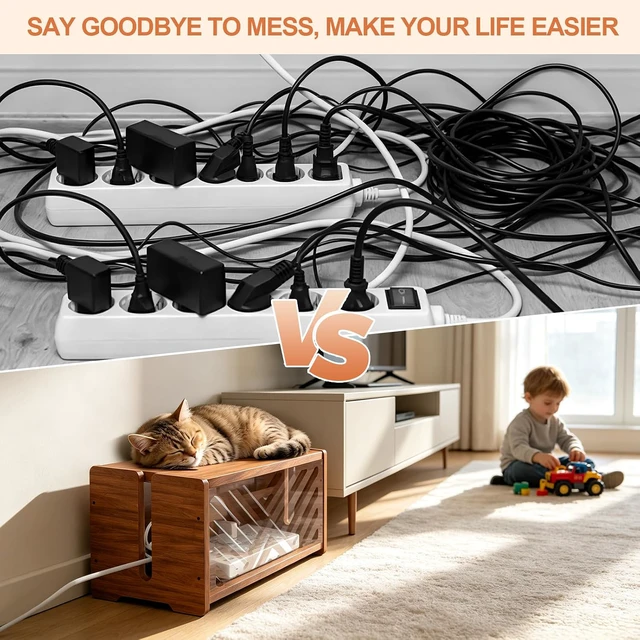 Alt view image 5 of 7 - Extra Large Wooden Cable Management Box, 15.35 x 8.98 x 8.27 inches, Cord Hider Box with Cable Slots, Cable Organizer Box to Hide Power Strips, Surge Protector, Extension Cords for Desk & Floor