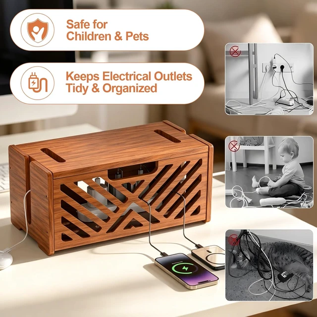 Alt view image 6 of 7 - Extra Large Wooden Cable Management Box, 15.35 x 8.98 x 8.27 inches, Cord Hider Box with Cable Slots, Cable Organizer Box to Hide Power Strips, Surge Protector, Extension Cords for Desk & Floor