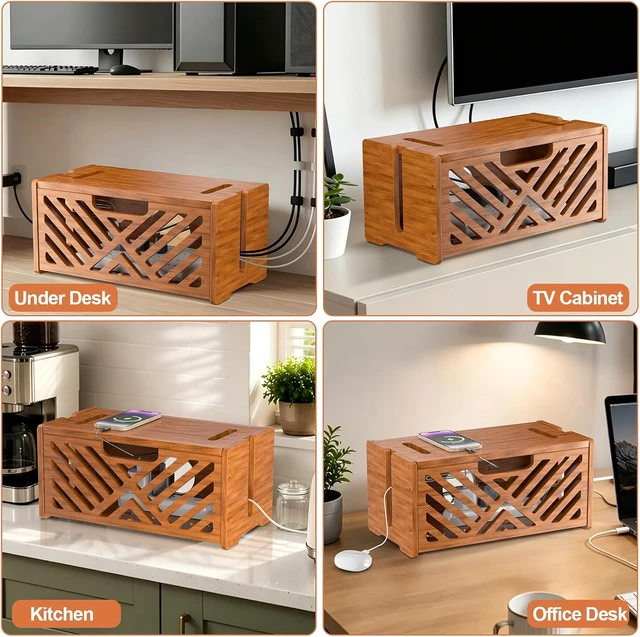 Alt view image 7 of 7 - Extra Large Wooden Cable Management Box, 15.35 x 8.98 x 8.27 inches, Cord Hider Box with Cable Slots, Cable Organizer Box to Hide Power Strips, Surge Protector, Extension Cords for Desk & Floor