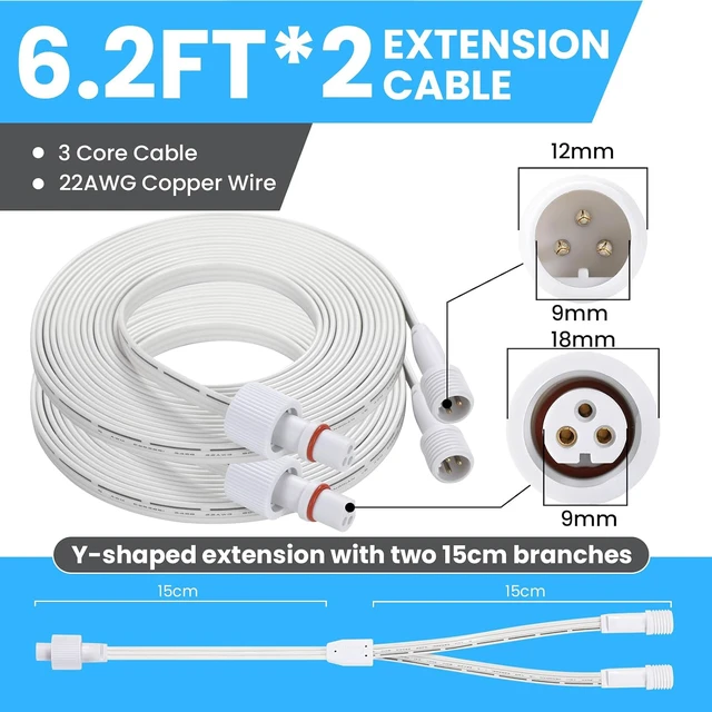 Alt view image 2 of 7 - 6.2Ft 2Pack Extension Cable for Go-vee Permanent Outdoor Lights Pro, Y-Shaped Cable Waterproof Extension Cord Compatible with Go-vee H706A H706B H706C