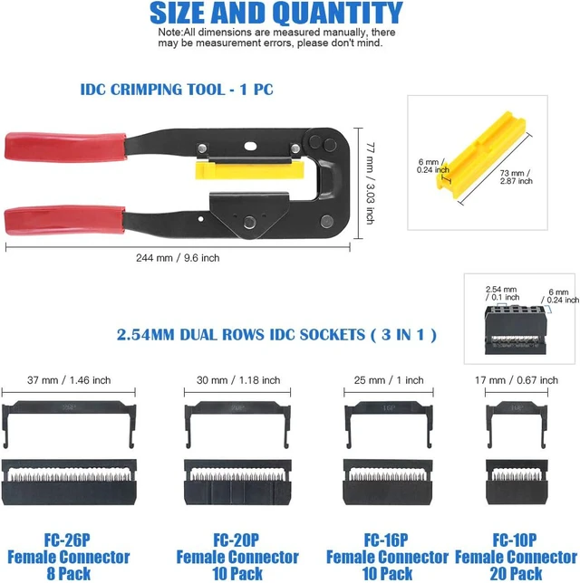 Alt view image 2 of 7 - Professional IDC Crimp Tool with 48Pcs 2.54mm Pitch Dual Rows IDC Sockets 10 16 20 26 Pin Female Header+ Wire Rainbow Color Flat Ribbon IDC Wire Cable