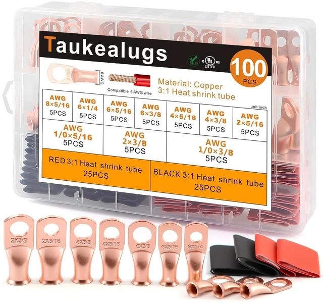 Main image of 100PCS Battery Copper Terminal Connectors Cable Ring Lugs Kit, AWG8 6 4 2 1/0 Gauge 5/16 3/8 Crimp Wire Ends with 3:1 Heat Shrink Tubing Assortment
