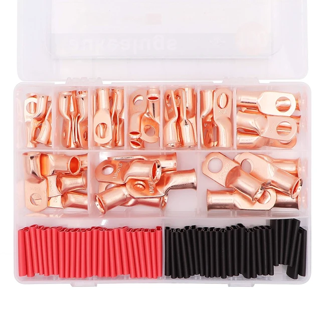 Alt view image 3 of 7 - 100PCS Battery Copper Terminal Connectors Cable Ring Lugs Kit, AWG8 6 4 2 1/0 Gauge 5/16 3/8 Crimp Wire Ends with 3:1 Heat Shrink Tubing Assortment