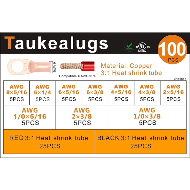 Alt view image 4 of 7 - 100PCS Battery Copper Terminal Connectors Cable Ring Lugs Kit, AWG8 6 4 2 1/0 Gauge 5/16 3/8 Crimp Wire Ends with 3:1 Heat Shrink Tubing Assortment