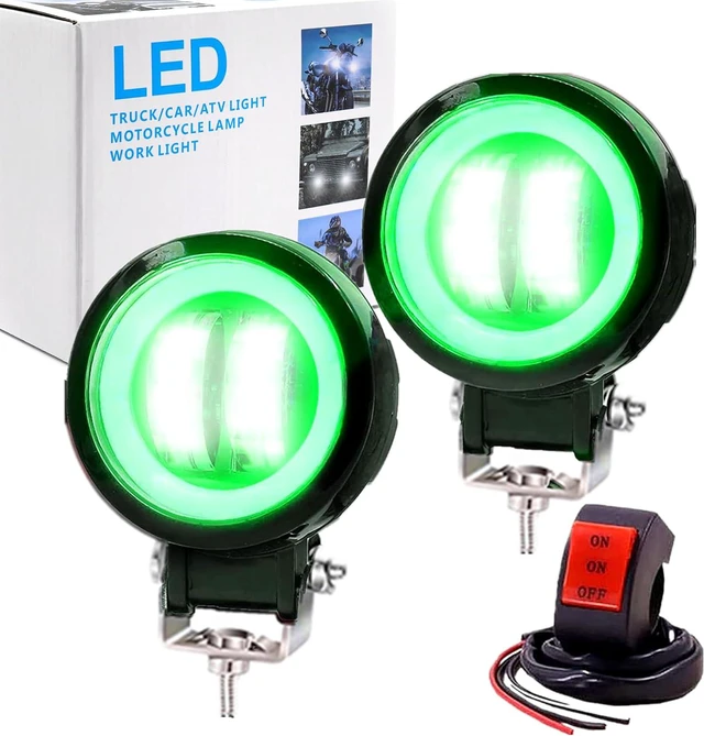 Main image of Motorcycle Fog Lights with Switch,3inch Motorcycle Auxiliary Lights, Halo Round led Lights, Luces exploradoras para Moto Pair(White Beam with Green Ring)