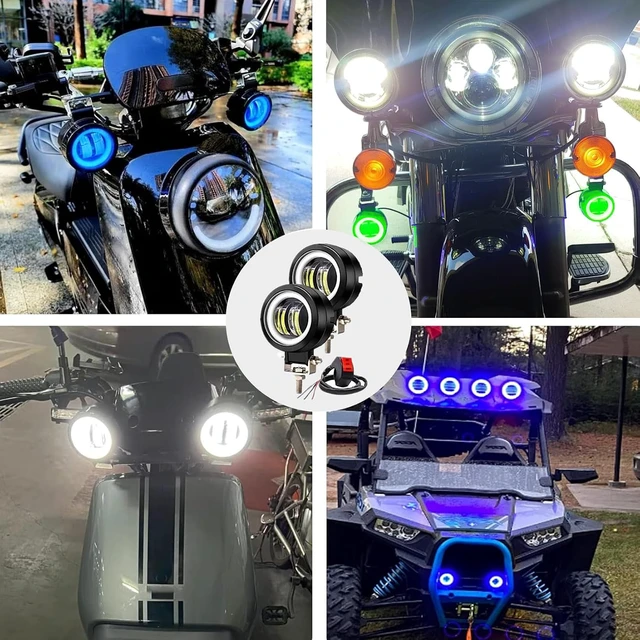 Alt view image 6 of 7 - Motorcycle Fog Lights with Switch,3inch Motorcycle Auxiliary Lights, Halo Round led Lights, Luces exploradoras para Moto Pair(White Beam with Green Ring)