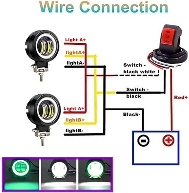 Alt view image 7 of 7 - Motorcycle Fog Lights with Switch,3inch Motorcycle Auxiliary Lights, Halo Round led Lights, Luces exploradoras para Moto Pair(White Beam with Green Ring)