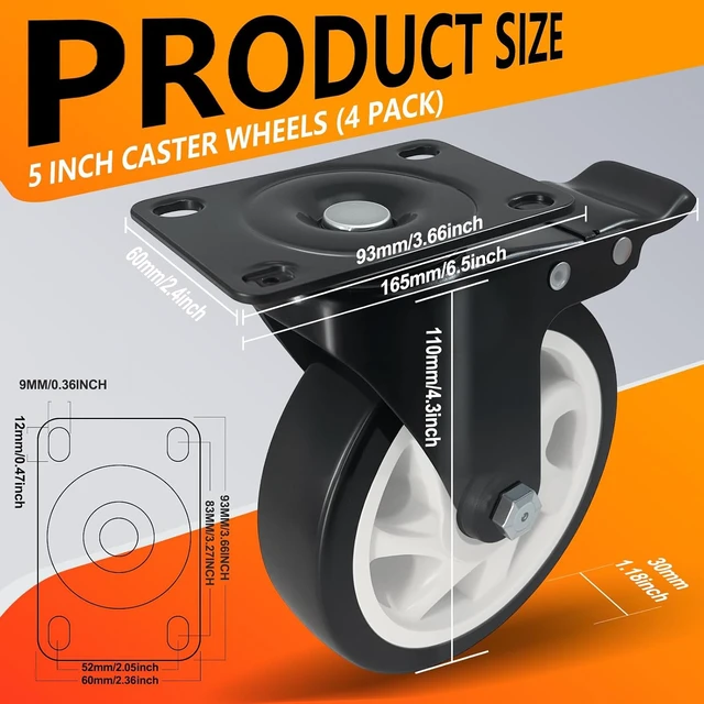 Alt view image 2 of 7 - 5" Heavy Duty Caster Wheel with Brake, Swivel Casters Set of 4