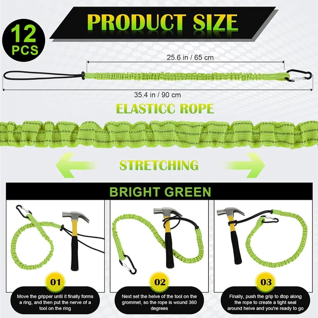 Alt view image 2 of 6 - 12 Pack Tool Lanyard with Single Metal Buckle and Adjustable Loop End, Standard Length, Maximum Weight Limit 8KG/ 17.6lb, with Aluminum Screw Lock, Retractable Shock Cord Stopper (Green)