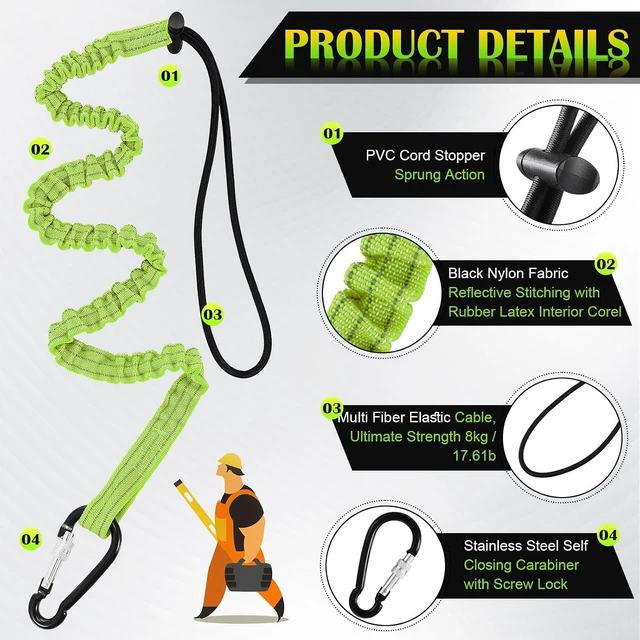Alt view image 3 of 6 - 12 Pack Tool Lanyard with Single Metal Buckle and Adjustable Loop End, Standard Length, Maximum Weight Limit 8KG/ 17.6lb, with Aluminum Screw Lock, Retractable Shock Cord Stopper (Green)