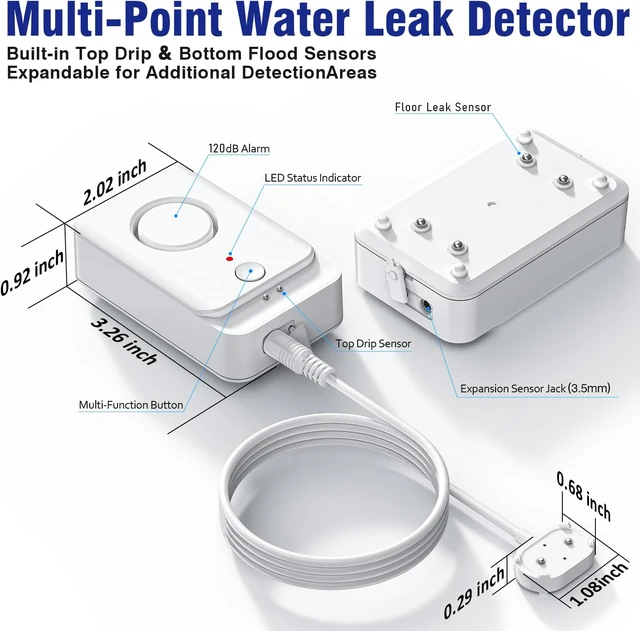 Alt view image 2 of 7 - 3 Pack Water Leak Detectors with 5FT Extendable Probe for Home, 120dB Water Sensor Alarm for Home/Basement/Bathroom/Kitchen/Toilet/Laundry Room, Drip-Flood Leakage Detection for Under Sink/Pipe/Drain