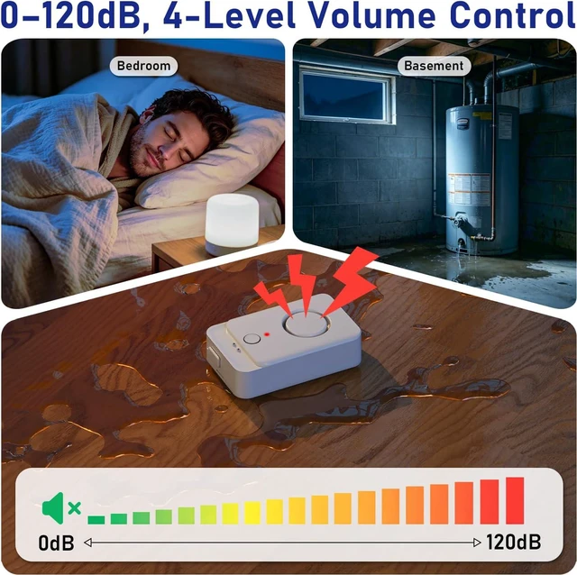 Alt view image 5 of 7 - 3 Pack Water Leak Detectors with 5FT Extendable Probe for Home, 120dB Water Sensor Alarm for Home/Basement/Bathroom/Kitchen/Toilet/Laundry Room, Drip-Flood Leakage Detection for Under Sink/Pipe/Drain